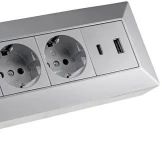 4-fach Steckdosenblock, USB-A+C, silber 250V~/ 16A, Aufbaumontage, USB 3,1A, PD 4-fach Steckdosenblock, USB-A+C, silber 250V~/ 16A, Aufbaumontage, USB 3,1A, PD