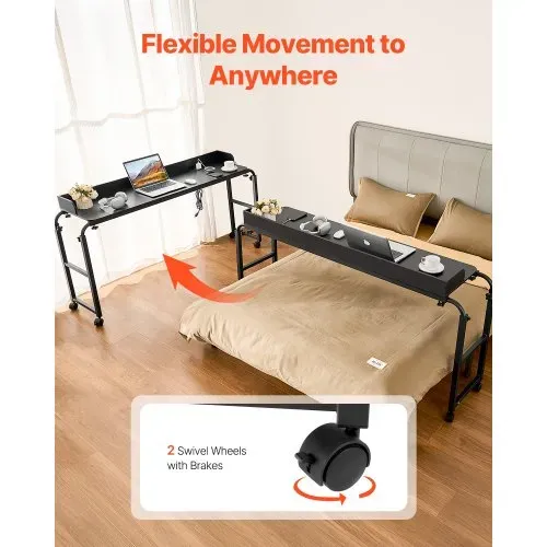 VEVOR Überbetttisch mobiler Betttisch mit 4 Rollen (2 mit Bremsen) und Steckdose, höhenverstellbarer Laptop-Rolltisch, Tragbarer Spanplatten-Überbetttisch für Zuhause Büro, Arbeitszimmer, Schwarz – Bild 4