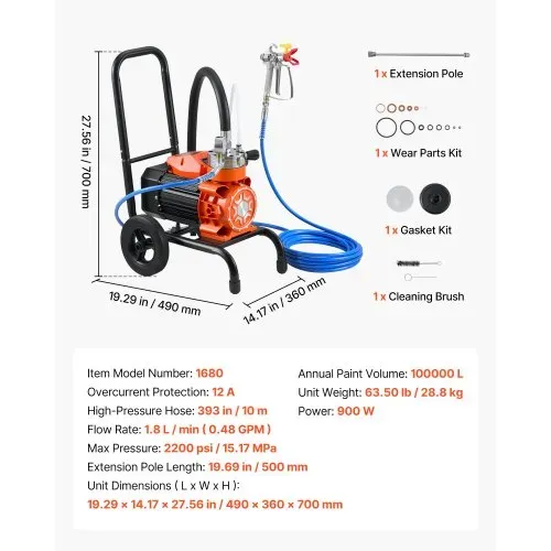 VEVOR Membran-Airless-Farbspritzgerät 900 W, Rollbares Farbspritzgerät mit 15,17 MPa Hochdruck, 10 m Hochdruckschlauch, Reinigungsnadel und Bürste, für DIY-Sprüharbeiten im Innen- und Außenbereich – Bild 6