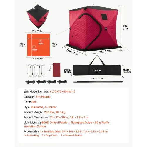 VEVOR Eisangelzelt Eisfischerzelt für 3-4 Personen 1,8x1,8x2m Zelt Isoliert, für Winterfischen, 3,13 m² Fläche, 600D 4-Lagiges Gewebe, Tragbares, Hub-Style-Angelzelt mit Ankern, Seilen, Tragetasche, Rot – Bild 6