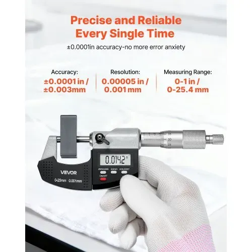 VEVOR Mikrometer, Digitale Bügelmessschraube, Messbereich 0–25,4 mm, Auflösung 0,001 mm, Höchste Präzision 0,003 mm Genauigkeit, LCD-Display, Zoll/mm-Umschaltung, Hartmetallspitze, mit Koffer VEVOR Mikrometer, Digitale Bügelmessschraube, Messbereich 0–25,4 mm, Auflösung 0,001 mm, Höchste Präzision 0,003 mm Genauigkeit, LCD-Display, Zoll/mm-Umschaltung, Hartmetallspitze, mit Koffer