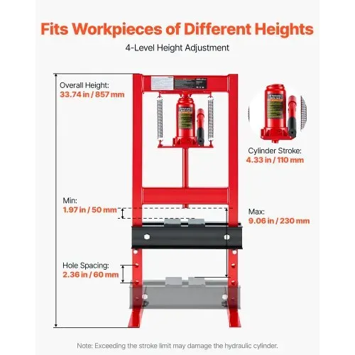 VEVOR Hydraulische Werkstattpresse 6 t H-Rahmen aus Kohlenstoffstahl Rot, 4 Höhenstufen 50–230 mm, Hydraulikpresse mit Beweglicher Pressplatte und Rutschfestem Griff, zum Biegen Richten Pressen – Bild 3
