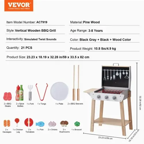 VEVOR Holzgrill-Spielzeuggrill, Kindergrill-Spielset mit Spiellebensmitteln und Grillwerkzeugen, Küchenzubehör aus Holz für Spiellebensmittel (21-teilig), Rollenspiel-Kochspielzeug für Kleinkinder, Jungen und Mädchen ab 3 Jahren, Geschenk – Bild 6