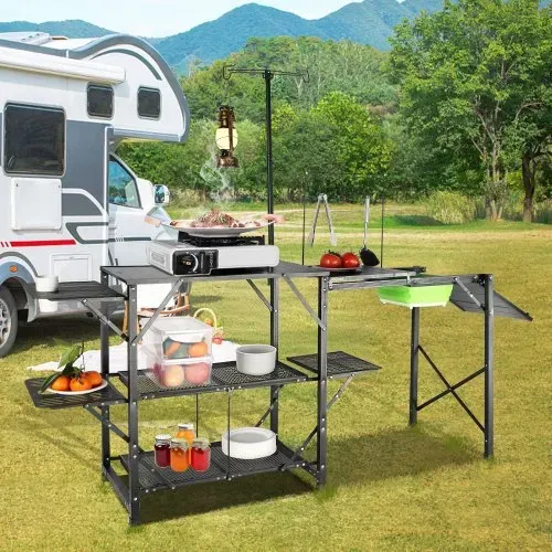 VEVOR Campingküche Outdoor Camping Küche 174 x 50 x 160 cm, Reiseküche Zeltschrank Zusammenklappbar 40 + 22 kg Klappbarer Campingtisch Küchenbox Arbeitsplatte Platz für die Spüle Tragetasche Shwarz – Bild 7
