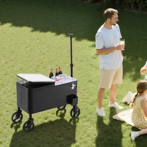 VEVOR Kühlwagen Getränkewagen 75,71 L bis zu 50 Flaschen/110 Dosen, Beistellwagen für Terrassenpartys und Bars mit Kor Teleskopgriff & Flaschenöffner & Kronkorkensammler, Getränkekühler Schwarz – Bild 7