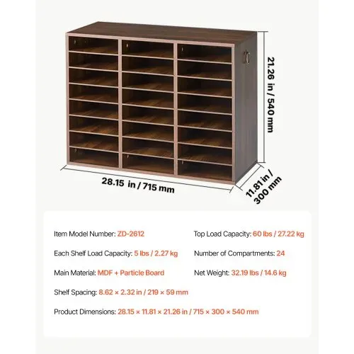 VEVOR Dokumentenablage Holz Schreibtisch Organizer mit 24 Fächern Braun, Ablagefach für Standard-A4-Dokumente Akten & Papiere, mit Verstellbaren Einlegböden für Büro, Zuhause & Klassenzimmer, MDF – Bild 6
