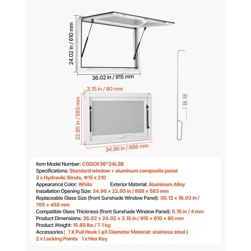 VEVOR Verkaufsfenster für Foodtrucks 915 x 610 mm Konzessionsfenster, Ideal für Straßenverkauf, Take-away und Drive-in, bis 85° Aufklappbar, mit Doppelten Dichtungsstreifen und Innenverriegelung – Bild 6