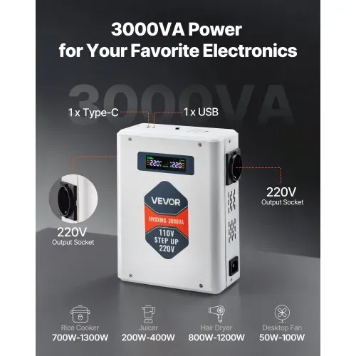 VEVOR Spannungswandler aufwärts, 3000 VA, Hochleistungs-Stromwandler, 110 V auf 220 V Leistungstransformator, mit 2 EU-Steckdosen, USB-Ausgang, LCD-Display, Temperaturschutz, für 220-V-Geräte VEVOR Spannungswandler aufwärts, 3000 VA, Hochleistungs-Stromwandler, 110 V auf 220 V Leistungstransformator, mit 2 EU-Steckdosen, USB-Ausgang, LCD-Display, Temperaturschutz, für 220-V-Geräte