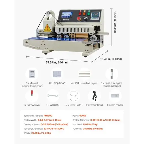 VEVOR Kontinuierliche Versiegelungsmaschine, 6–12 mm Siegelbreite, Horizontal, mit Tintendruck, Siegelmaschine, Temperatur & Geschwindigkeit einstellbar, für 0,03–0,8 mm Plastiktüten – Bild 6