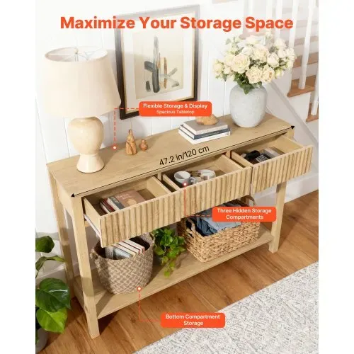VEVOR Konsolentisch Beistelltisch mit Schubladen & Ablagefach, schmaler rechteckiger Eingangstisch aus MDF + Spanplatte für Flur Schlafzimmer Wohnzimmer Foyer, Flurtisch 120 x 30 x 80 cm Naturholz – Bild 3