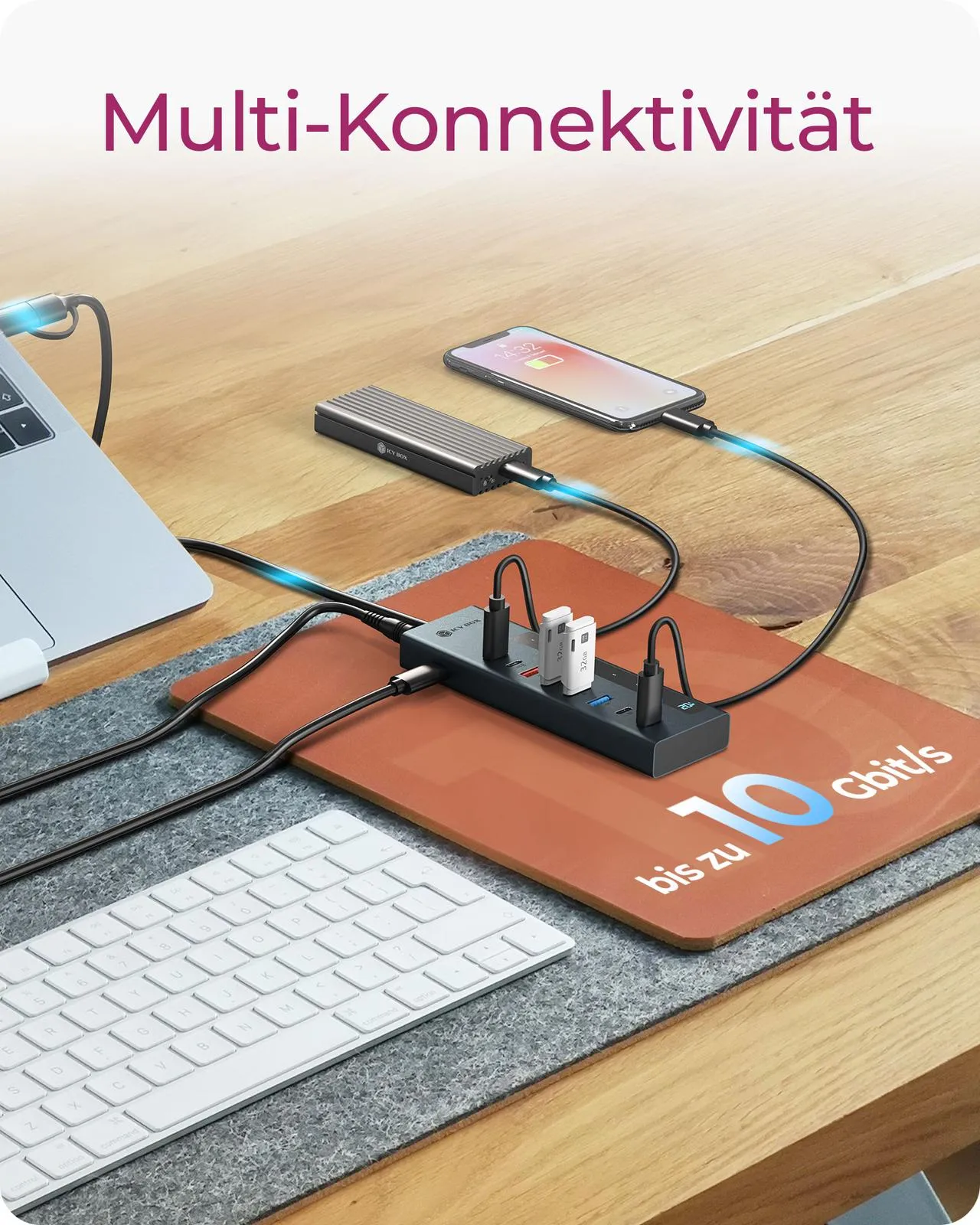 ICY BOX IB-HUB1743-CPD, 9-in-1 HUB, 7x HUB Port (3C+ 4A) mit 1x USB-C für Laden (PD 20W mit display) & 1x PD 100W (upstream to Host) USB 3.2 Gen2, 10 Gbit/s – Bild 3