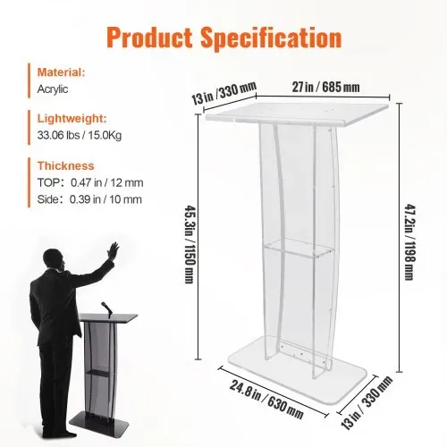 VEVOR Acryl-Podium, 1193,8 mm hoch, klarer Acryl-Podiumsständer mit breiter Lesefläche und Ablagefach, bodenstehende, klare Kanzeln aus Acryl für Kirche, Büro, Schule – Bild 6