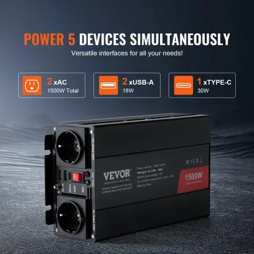 VEVOR Modifizierter Sinus-Wechselrichter, 1500 W DC 12 V AC 230 V Wechselrichter mit 2 AC-Steckdosen 2 USB-Anschlüssen 1 Typ-C-Anschluss 6 Ersatzsicherungen für Smartphone, Laptops – Bild 2