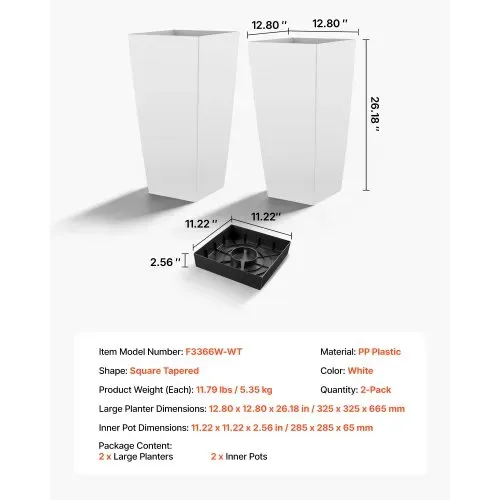 VEVOR Pflanztopf 325x325x665 mm 2er-Set, Blumentopf, Blumenkübel, PP-Pflanzgefäß, Planzkübel, Pflanzkasten mit Innentopf & Abflusslöchern, Geeignet für Zimmer- & Gartenpflanzen, Weiß – Bild 6