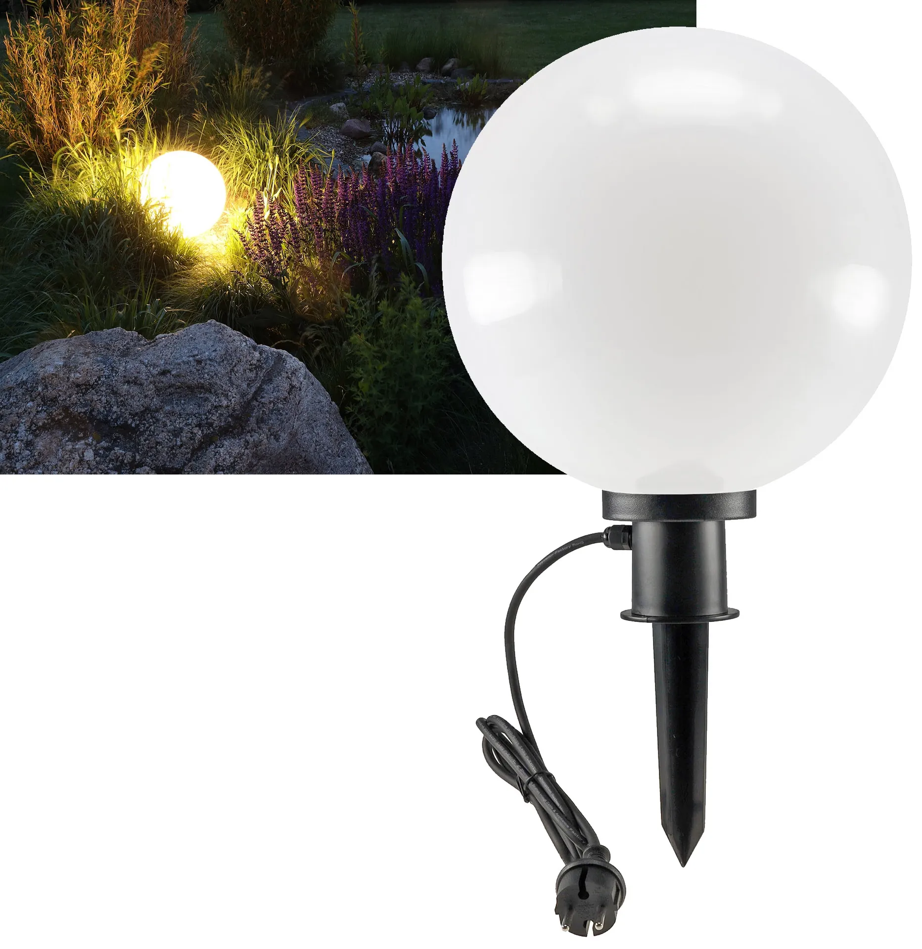 Garten Kugelleuchte Erdspieß „CT-GL30cm“ IP44, 230V, 1,5m Kabel, E27 Fassung Garten Kugelleuchte Erdspieß „CT-GL30cm“ IP44, 230V, 1,5m Kabel, E27 Fassung
