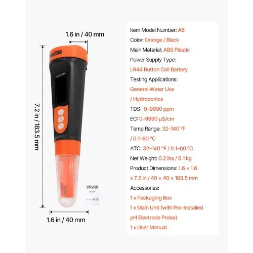 VEVOR TDS-Messgerät, Messbereich 0–9990 ppm, EC/TDS-Mehrparametermessung, Digitales Wassermessgerät mit Automatischer Zeitregelung, Übersichtliches VA-Display, für Trinkwasserqualitätsprüfung – Bild 6