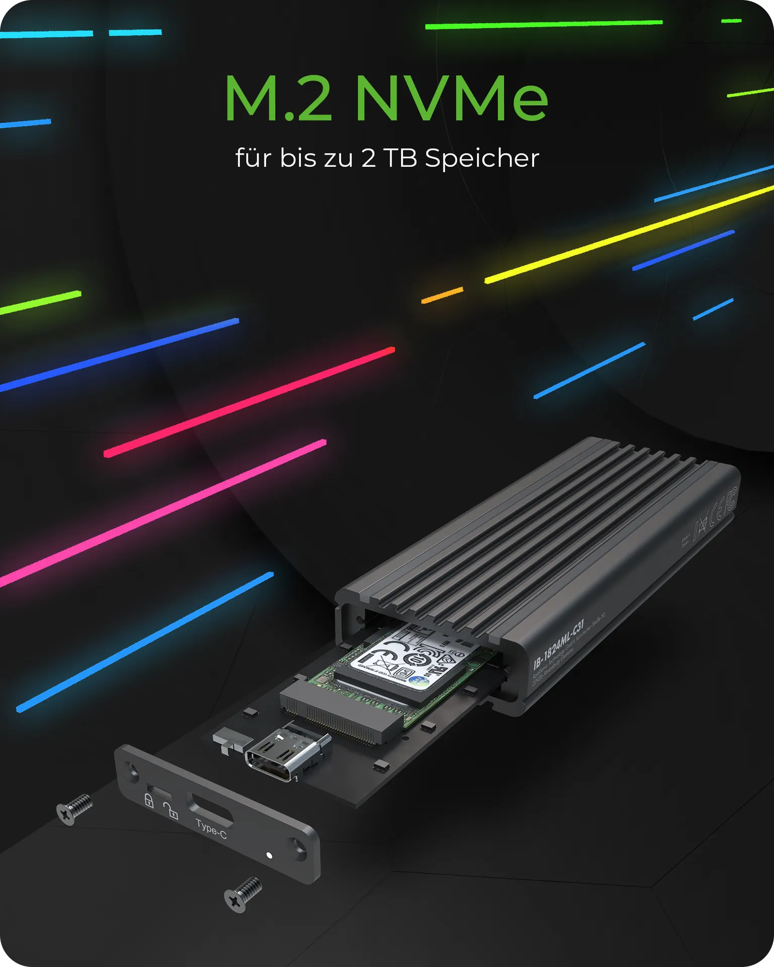 ICY BOX IB-1824ML-C31, Type-C® USB 3.2 Gen 2 zu PCIe NVMe M.2 2230/2242/2260/2280 SSD Gehäuse, Beleuchtung mit Farbwechsel – Bild 6