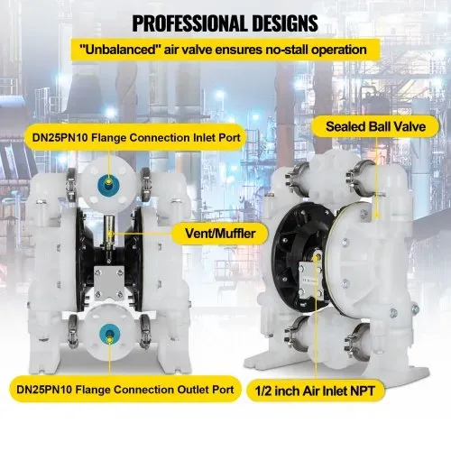 VEVOR Luftbetriebene Doppelmembranpumpe, 2,54cm / 25mm Einlass/Auslass, 136 L/min Polypropylen, max. 7 bar / 100 psi für den chemischen und industriellen Einsatz – Bild 4