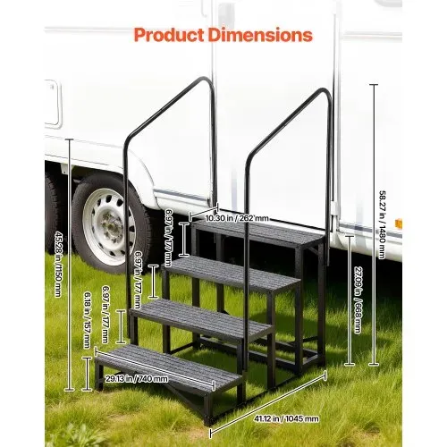 VEVOR Wohnmobiltreppe mit 2 Handläufen (4 Stufen), Standtreppe mit 300 kg Tragkraft, Außentreppe mit Rutschfester Matte für Senioren/Haustiere, Trittstufe für Camper, Mobilheim, Veranda, Pool und Spa – Bild 2