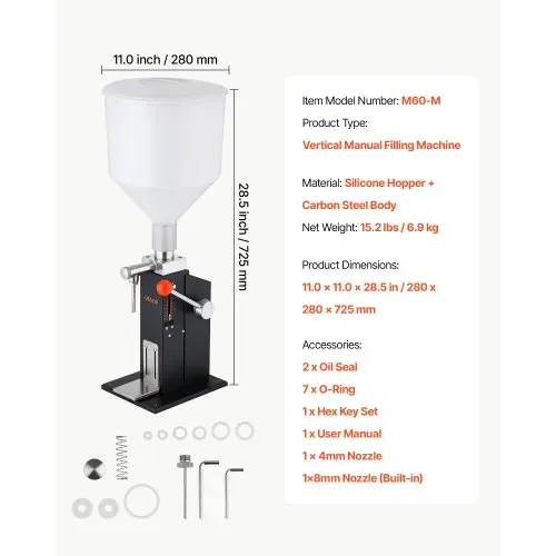 VEVOR Manuelle Abfüllmaschine 5-60 ml Flüssigkeitsfüller mit 10 L Trichter, Abfüllanlage für Getränke Öl Honig Shampoo & Lotion, Kohlenstoffstahlgehäuse, Tropfschutzdüse, Verstellbarer Flaschenständer – Bild 6