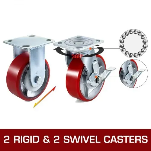 VEVOR 4er-Pack Lenkrollen 6 x 2 Zoll, 2 starre und 2 Lenkrollen mit Seitenbremse, Polyurethan-Eisenkernplatte, 1000 Pfund Tragkraft pro Rad VEVOR 4er-Pack Lenkrollen 6 x 2 Zoll, 2 starre und 2 Lenkrollen mit Seitenbremse, Polyurethan-Eisenkernplatte, 1000 Pfund Tragkraft pro Rad