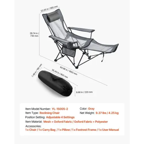 VEVOR Campingstuhl faltbar, Liegestuhl mit 4 verstellbaren Positionen, Relaxsessel Liege mit Getränkehalter, Netz-Strandstuhl mit Kopfstütze & Fußstütze, trägt 100 kg , für Outdoor Camping, grau – Bild 6