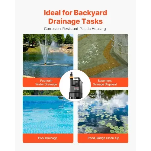 VEVOR 690W Tauchpumpe, 17500L/h, PP-GF20 Schmutzwasserpumpe für Abwasser, Schmutzwasser & sauberes Wasser mit automatischem Schwimmerschalter, 9m Förderhöhe, für Pools Teiche überflutete Bereiche – Bild 3