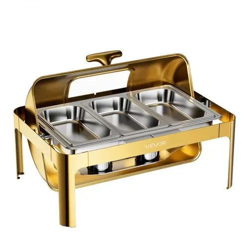 VEVOR Chafing Dish Set 12,3 L Edelstahl Warmhaltebehälter Buffets 1 Stück für Hochzeiten & Partys, Transparenter Rolldeckel mit 90°/180° Öffnung, 1 Große und 3 Kleinere Behälter, Zange, Glasschale – Bild 10