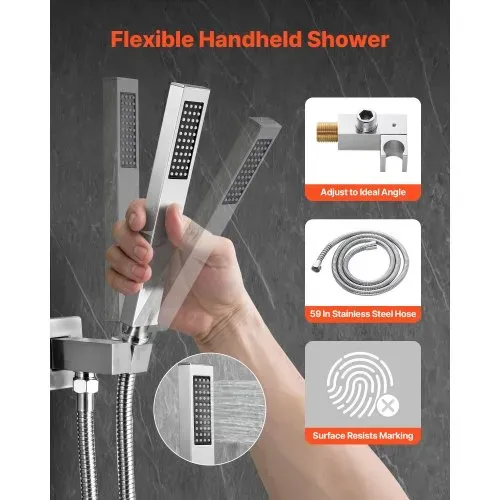 VEVOR Duscharmatur Regenduschsystem fürs Badezimmer Duschsystem mit 254 mm quadratischen Regenduschkopf & Handbrause, wandmontierte Badezimmerarmaturen mit Messingventil & Zierset, gebürstetes Nickel – Bild 2