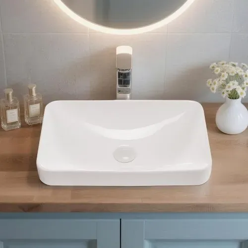 VEVOR Halbeinbauwaschbecken Handwaschbecken 490 x 305 mm rechteckiges Aufsatzwaschbecken mit 45 mm Abflussloch, modernes Einbauwaschbecken für kleine Räume Küchen Badezimmer Weiß – Bild 7