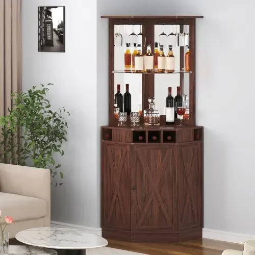 VEVOR Industrieller Eck-Barschrank, Weintisch für Spirituosen und Gläser, Sideboard-Buffetschrank mit Glashalter, Freistehender Kaffee-Barschrank aus Bauernholz für Wohnzimmer, Hausbar, Walnussholz – Bild 7