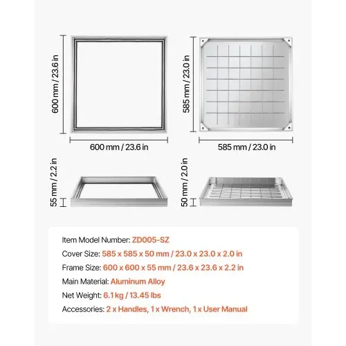 VEVOR Schachtabdeckung mit Rahmen 60 x 60 cm, Unsichtbarer Schachtdeckel Auspflasterbarer Klärgrubendeckel aus Aluminiumlegierung für Integrierten Abflusskanal auf Gehwegen in Gärten auf Terrasse – Bild 2