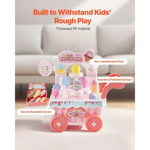 VEVOR Eiswagen, 27-teiliges Zubehör, Eisdiele aus PP, Aufbewahrungswagen mit Spielgeld, Ton- und Lichteffekten, Montessori-Lernspielzeug, Rollenspiel für Kleinkinder ab 3 Jahren (Pink) – Bild 5