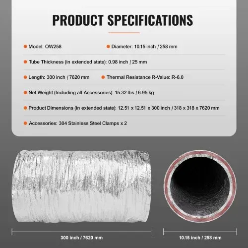 VEVOR Aluflexschlauch 7620mm lang Lüftungsschlauch Φ258mm Alu Flexrohr Luftkanal R-6 Thermischer Widerstandswert 25mm Rohrstärke Alurohr Schlauch Owens Corning-Isolierwatte Luftleitungen – Bild 6