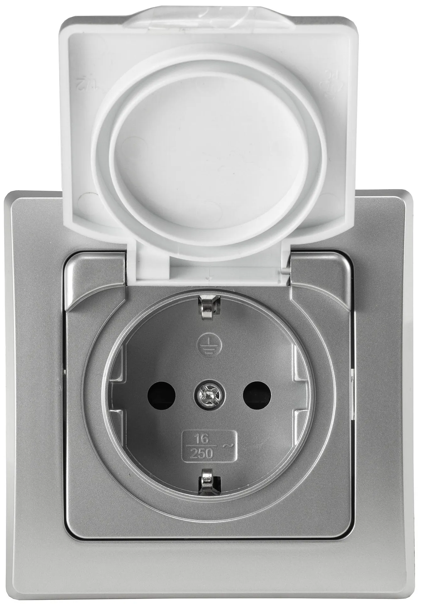 DELPHI Schutzkontakt-Steckdose IP44 250V~/ 16A, inkl. Rahmen, UP, silber DELPHI Schutzkontakt-Steckdose IP44 250V~/ 16A, inkl. Rahmen, UP, silber