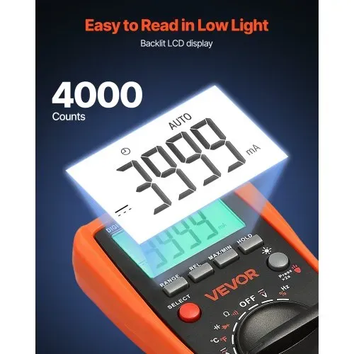 VEVOR Digitalmultimeter, 4000-Count TRMS DC/AC Voltmeter Stromtester, Auto-Ranging-Multimeter für Strom, Spannung, Widerstand, Kapazität, Temperatur, Dioden, Durchgang, Tastverhältnis – Bild 2