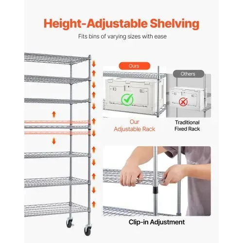 VEVOR Standregal, Lagerregal mit 7 Ebenen & 26 Stapelboxen, Bücherregal, Küchenregal mit Rollen, Fahrregal für Garage, Lager, Büro, Restaurant, Klassenzimmer, Küche, 355x1110x1480 mm – Bild 3