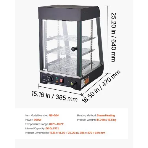 VEVOR 3-stöckige Wärmetheke 57 L, Warmhaltevitrine 800 W, Warmhaltetheke 30–85 °C, Speisenwärmer mit LED-Beleuchtung & Verstellbaren Ablagen, Speisevitrine für Hamburger Pizza Brot Brathähnchen – Bild 6