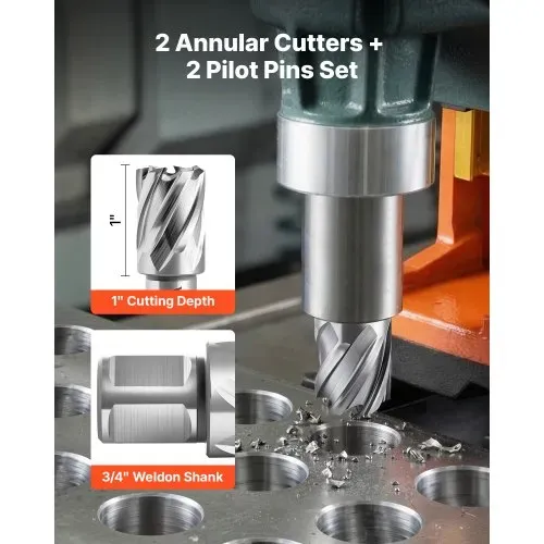 VEVOR HSS-Kernbohrer Weldon-Schaft 4-tlg. Magnetbohrer 25,4 mm Schnittdurchmesser, 2 Bohrer mit 2 Zentrierstiften, 25,4 mm Schnitttiefe, 2 Kunststoffboxen, für Magnetbohrmaschinen, Stahl, Aluminium – Bild 2