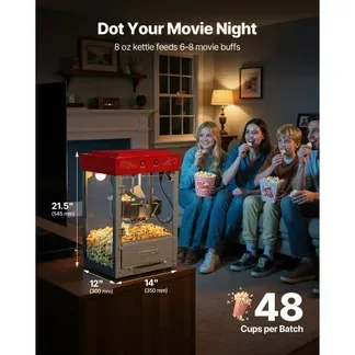 VEVOR Popcornmaschine mit Edelstahlkessel, 800 W kommerzieller Popcornmaker, 48 Tassen pro Ladung, Kinostil, mit 2-Tasten-Bedienung, Glaswand, PC-Tür, 1 Portionierer, 3 Löffel, Rot VEVOR Popcornmaschine mit Edelstahlkessel, 800 W kommerzieller Popcornmaker, 48 Tassen pro Ladung, Kinostil, mit 2-Tasten-Bedienung, Glaswand, PC-Tür, 1 Portionierer, 3 Löffel, Rot