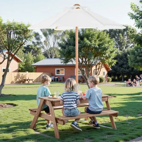 VEVOR Picknicktisch mit abnehmbarem Sonnenschirm & 2 Bänken, Sitzgruppe Strandtisch Outdoor Gartenmöbel aus Holz Terrassen-Essmöbel für 4 Personen für Garten, Hinterhof und Veranda (Walnuss) – Bild 7