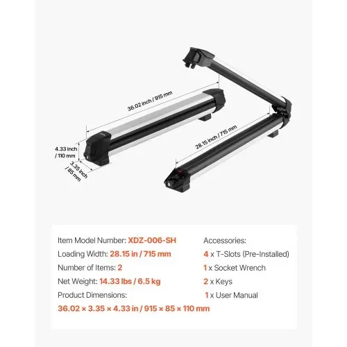 VEVOR Skiboard Snowboard Dachträger für bis zu 6 Paar Ski / 4 Snowboards, abschließbarer Skidachträger mit Gummipolsterung, Skihalter für die meisten geschlitzten Querträger (715 mm Ladebreite) – Bild 6