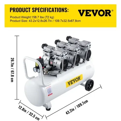 VEVOR Flüster Kompressor Ölfrei Luftkompressor 80L Druckluft Leise mit 2 Manometer für Hausreparatur, Reinigung der Fußbodenheizung, Blechlackierung, Stahlluftpistole, Zahnmedizin usw. – Bild 6