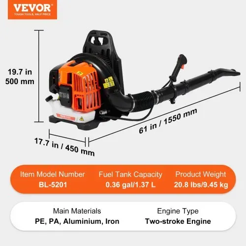 VEVOR Laubbläser als Rucksack, 52 CC 2-Takt-Benzin-Laubbläser mit 1,37 l Kraftstofftank, 480 CFM Luftvolumen, 175 MPH Geschwindigkeit, ideal für Rasenpflege, Laubreinigung und Schneeräumung – Bild 6