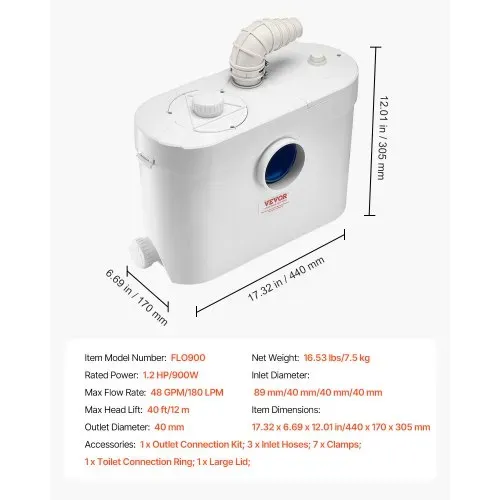 VEVOR Hebeanlage, 900 W, 180 L/min Durchfluss, 12 m Förderhöhe, Abwasserhebeanlage mit 4 Wassereinlässen, Schmutzwasserpumpe für Toilette, Keller, Dusche, Waschbecken, Waschküche, Badewanne – Bild 6