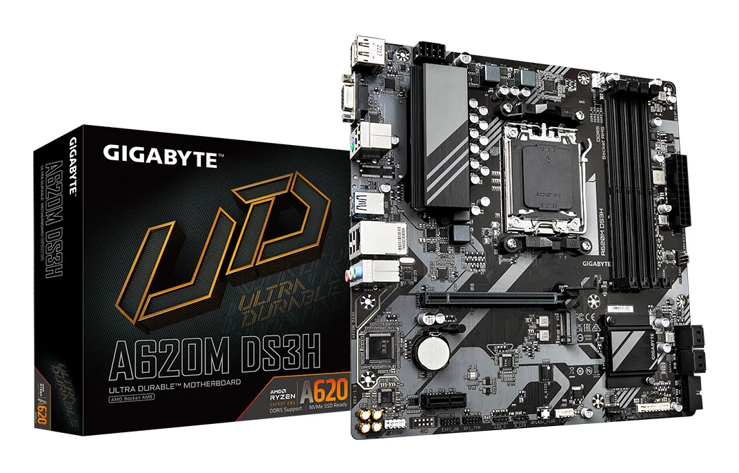 GIGABYTE A620M DS3H Motherboard – Unterstützt AMD Ryzen 8000 CPUs, 5+2+2 Phasen Digital VRM, bis zu 7600MHz DDR5 (OC), 1xPCIe 4.0 M.2, GbE LAN, USB 3.2 Gen 1 GIGABYTE A620M DS3H Motherboard – Unterstützt AMD Ryzen 8000 CPUs, 5+2+2 Phasen Digital VRM, bis zu 7600MHz DDR5 (OC), 1xPCIe 4.0 M.2, GbE LAN, USB 3.2 Gen 1