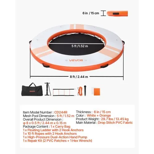 VEVOR Aufblasbares Schwimmdock, φ2,44 m, Schwimmplattform mit Rutschfester Oberfläche, Tragetasche & Abnehmbarer Leiter, Schwimmende Insel, Wasserplattform für Pool, Strand & Meer, Orange – Bild 6