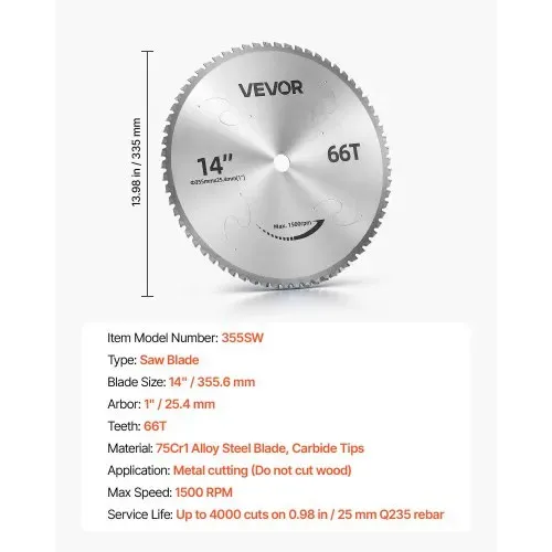 VEVOR Sägeblatt 355,6 mm 66 Zähne Cermet-beschichtet Kalttrennsägeblatt, Kompatibel mit Kappsägen, 4000 Schnitte, Schneiden Glatter Oberflächen ohne Grate, Geräuschreduzierung, Wärmeableitungslöcher – Bild 6