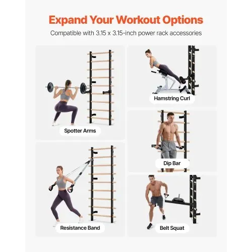 VEVOR schwedische Leiterwand 9-stufiges Kletterspielzeug Wandturnhalle aus Massivholz + Karbonstahl 150 kg belastbares Indoor-Klettergerüst mit 8 x 8 cm Power Rack-Zubehör Turnreck – Bild 2