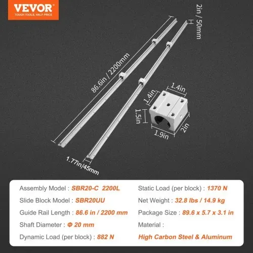 VEVOR Linearführung Linearschiene 2 Stk. SBR20-2200mm Kohlenstoffstahl Aluminium Führungsschiene mit 4 Stk. SBR20UU-Gleitblöcke Linearlager Lagerblock CNC Teile für 3D Drucker Fräs-/Drehmaschine – Bild 6